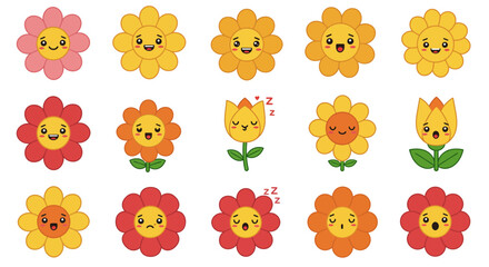 Cute Cartoon Flower Emojis  Happy, Sad, Sleepy Expressions for Design