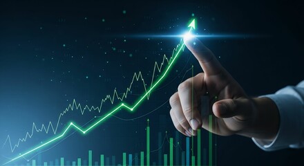 Businessman hand pointing finger to growth success finance business chart of metaverse technology financial graph investment diagram on analysis stock market background with digital economy exchange.