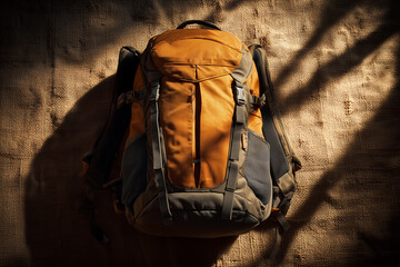 Gear ad layout showcasing an outdoor backpack on textured canvas background for adventure enthusiasts and travelers