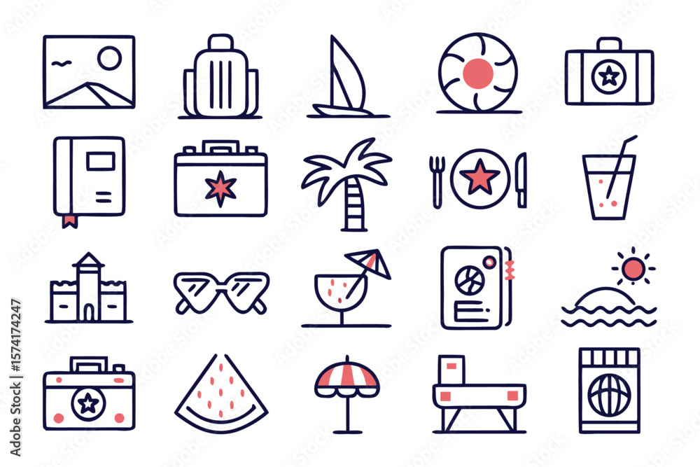 Poster a collection of clean modern line art symbols representing summer vacation activities and elements p