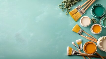 An organized arrangement of colorful paint buckets and brushes with ample copy space for additional text or design elements