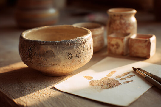 Workshop postcard showcasing handcrafted pottery creations and clay impressions in a rustic setting