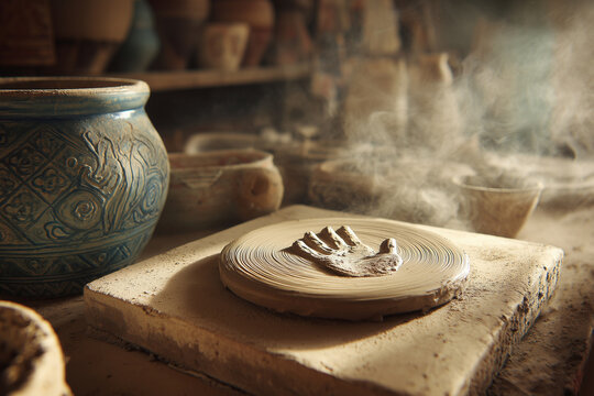 Clay workshop postcard showcasing hand imprint on pottery surrounded by tools and materials in an artistic studio setting