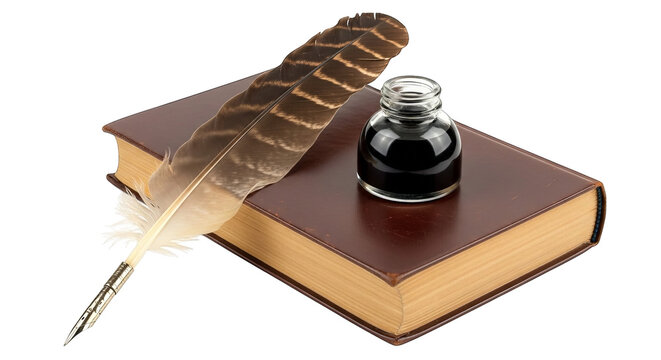 An inkwell and quill pen sitting upon a bound book conveys old-world intellectualism and nostalgia