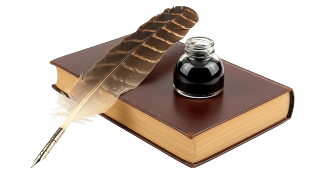 An inkwell and quill pen sitting upon a bound book conveys old-world intellectualism and nostalgia