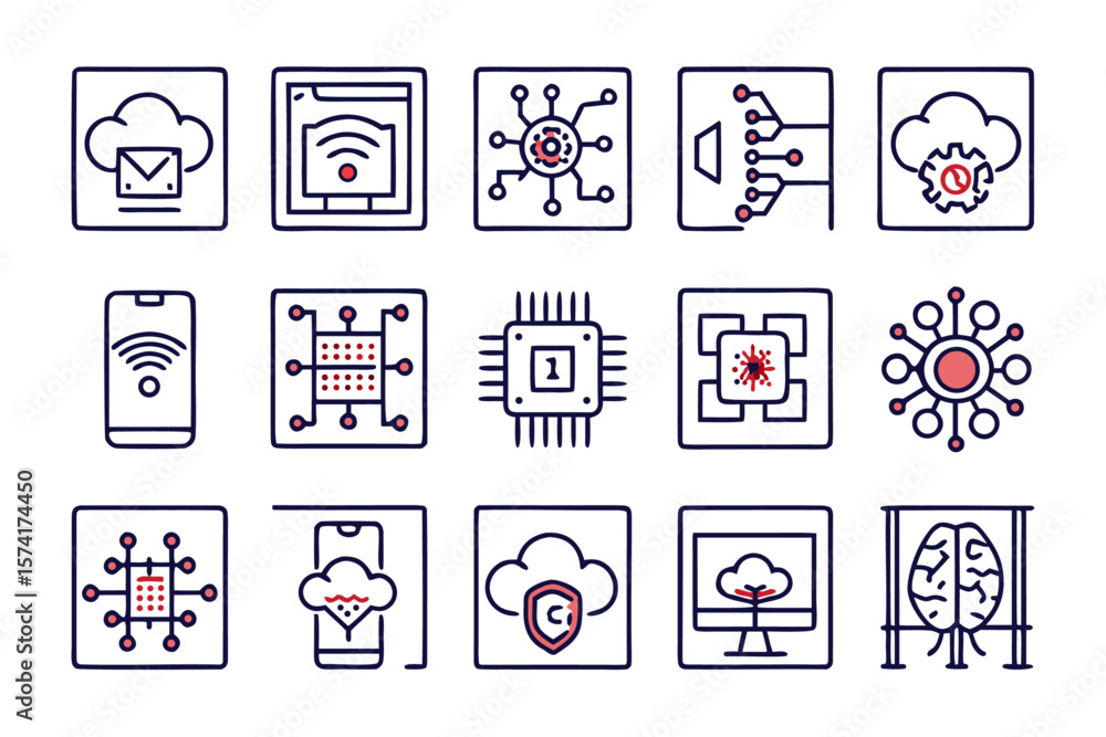 Poster comprehensive collection of modern line style web interface elements and digital technology symbols 