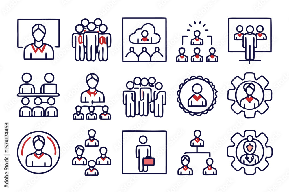 Poster comprehensive collection of professional line style icons representing teamwork collaboration and gr