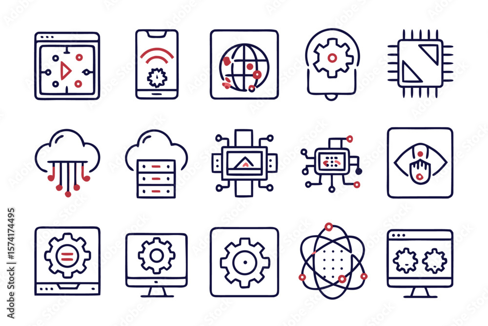 Poster Comprehensive collection of digital communication and data processing symbols presented in a clean modern outline style for enhanced online user interface design and application development
