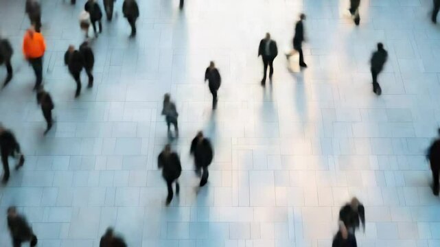 Urban commuters blurring through public space, symbolizing professional pressure, workplace dynamics, and stress management amid city's hectic rhythm