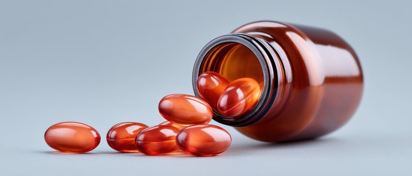 Health and wellness action supplement intake in a minimalist studio environment close-up view of gel capsules in a jar