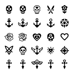 Old-School Tattoo Icon Set – Classic Skulls, Roses, Anchors & Daggers in Bold Vector Style for Flash Art, Apparel & Retro Designs