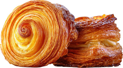 Two golden, spiral-layered pastries