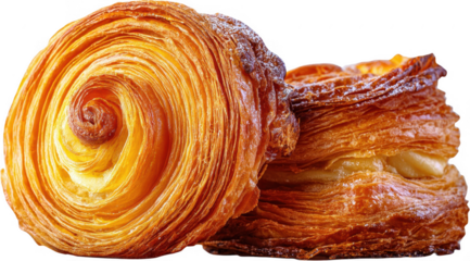 Two golden, spiral-layered pastries