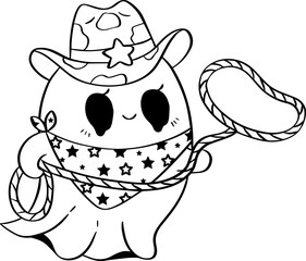 A Cute Halloween cowgirl ghost with lasso rope Line Art Doodle