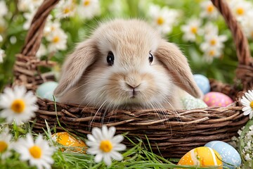 Cute Easter Bunny in Basket with Decorated Eggs Among Spring Flowers, Festive Holiday Celebration