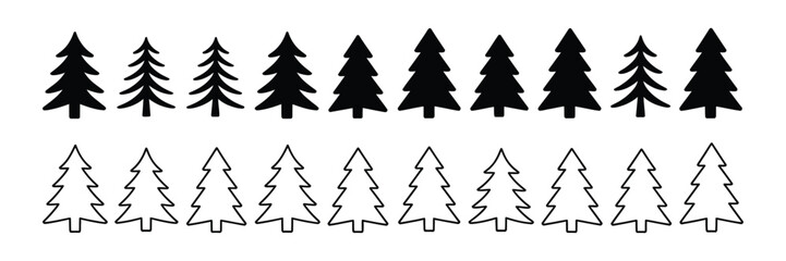 Black silhouette christmas tree and outlined tree in a row on white background