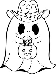 A Cute Halloween cowgirl ghost holding pumpkin basket Line Art Doodle