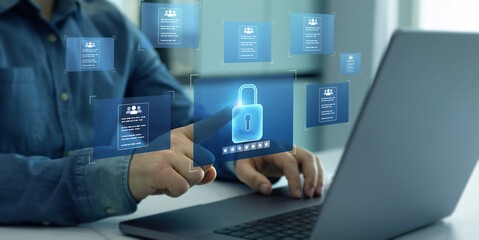Documents confidentiality,cyber security protection concept. Software for security, searching and managing corporate document and employee information.Protecting herself from cyber attacks. 