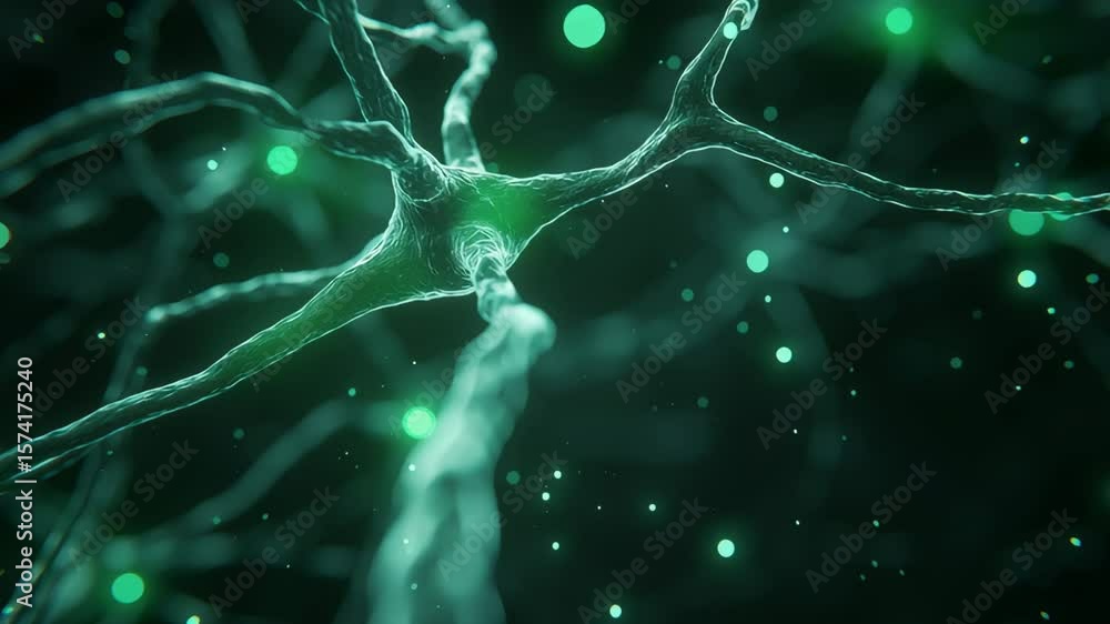 Poster a green brain with many neurons. the neurons are green and the background is dark. there are many sm
