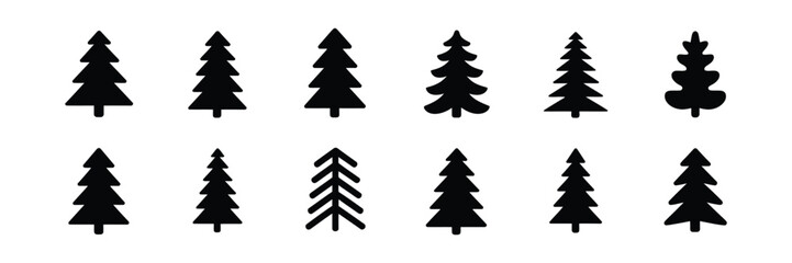 Obraz premium Black Tree Silhouette Collection, Evergreen Conifer Forest Trees, Isolated on White