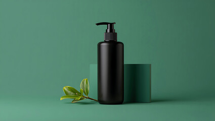 Black Pump Bottle Mockup: Minimalist Green Background, Organic Styling, Luxury Branding