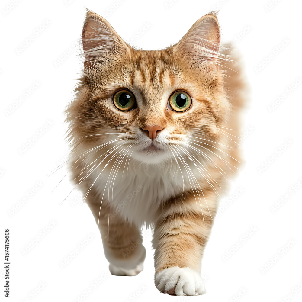 Poster a photograph of an alert and curious cat walking forward with its tail held high centered and isolat