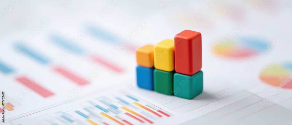 Poster analyzing business growth trends using colorful data visualizations in a professional office environ