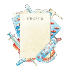  Watercolor illustration with outline on white background. Medical prescription form and medicines around it. Jar with pills, blisters with tablets and capsules, syringe, ampoules, tube, spray