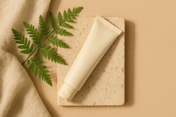 Cream-colored skincare tube on a travertine stone slab, surrounded by green fern leaves and soft linen fabric. Minimalist top-down composition with warm beige tones and natural light.