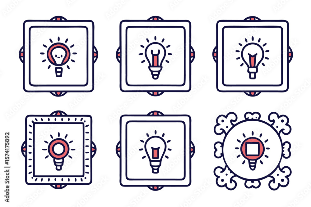 Poster collection of vintage style lightbulb graphics with decorative empty frames offering a retro aesthet