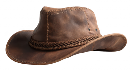 Brown leather cowboy hat, angled view