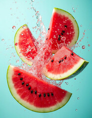 Realistic watermelon slices in mid splash