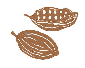 Cacao fruits sketch doodle. Hand drawn silhouette cocoa beans, exotic plant on isolated background. Chocolate ingredient food, drink. Design for card, logo, label, print, template. Vector illustration