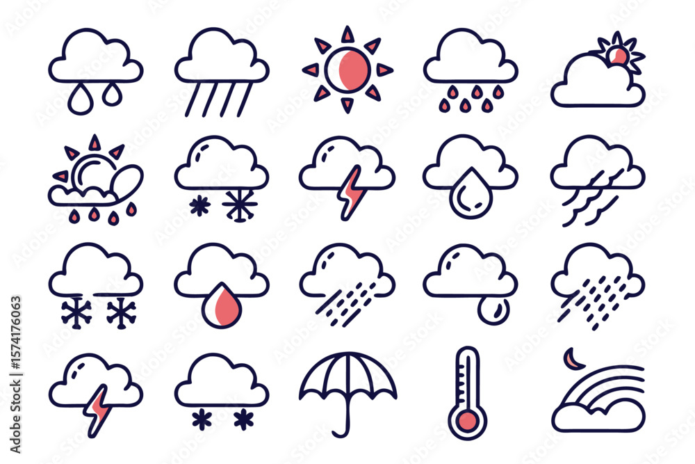 Poster comprehensive collection of editable weather forecast symbols featuring atmospheric conditions meteo