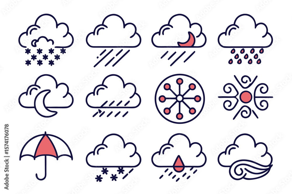Poster comprehensive collection of weather forecast symbols featuring clouds rain sun and lightning present