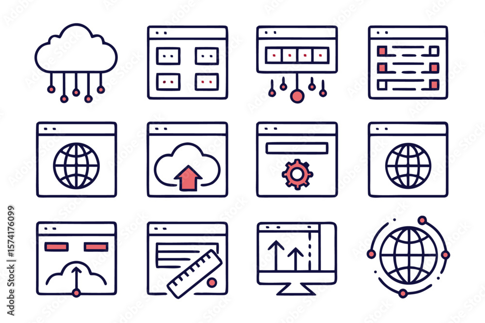 Poster collection of minimalist line art symbols representing web hosting services data centers and online 