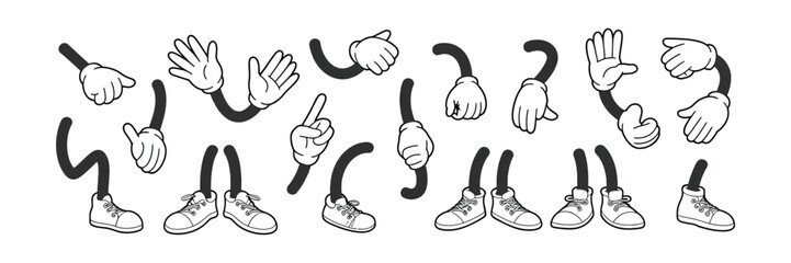 Fototapeta premium Cartoon Arms and Legs Collection, Gloved Hands, Shoes on Feet, Retro Style, Isolated