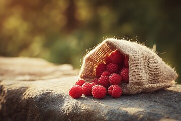 Fresh Raspberries in Burlap Sack on Stone Surface, Summer Harvest, Healthy Food, Natural
