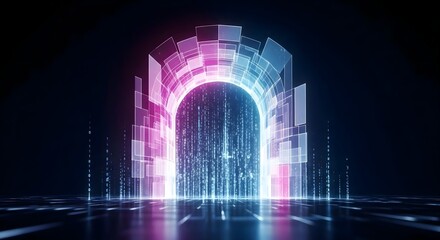 Abstract glowing digital portal with binary data flow for AI, big data, metaverse, cybersecurity, or secure network infrastructure visuals