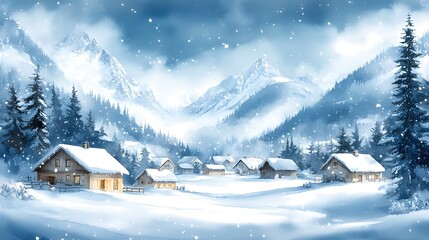A picturesque snowy village nestled among mountains, showcasing cozy cabins surrounded by serene winter landscapes with evergreen trees and falling snow.