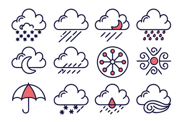 Obraz premium Comprehensive collection of weather forecast symbols featuring clouds rain sun and lightning presented with editable outlines for versatile customization and application in diverse design projects
