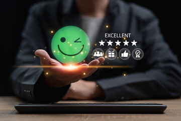 Customer satisfaction with the product, Users Rate Service Experiences, Businessman shows feedback smile face icon, Top score satisfaction, Quality, Best service, Digital experience online management