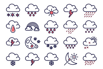 Fototapeta premium Comprehensive collection of weather symbols featuring clouds with adjustable line thickness presented in a clean modern design suitable for various meteorological applications and digital interfaces