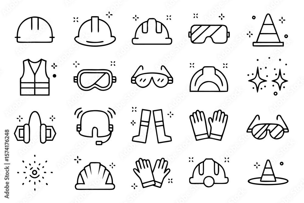 Poster comprehensive collection of professional line graphics representing essential work safety and labor 