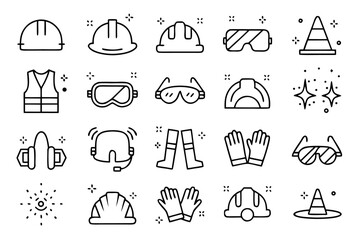 Comprehensive collection of professional line graphics representing essential work safety and labor protection equipment and concepts for industrial environments