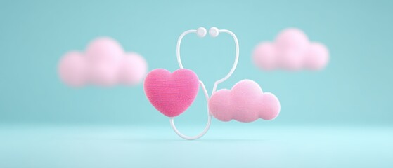 Heartfelt connection pink stethoscope amidst soft clouds visual art whimsical setting playful perspective love concept