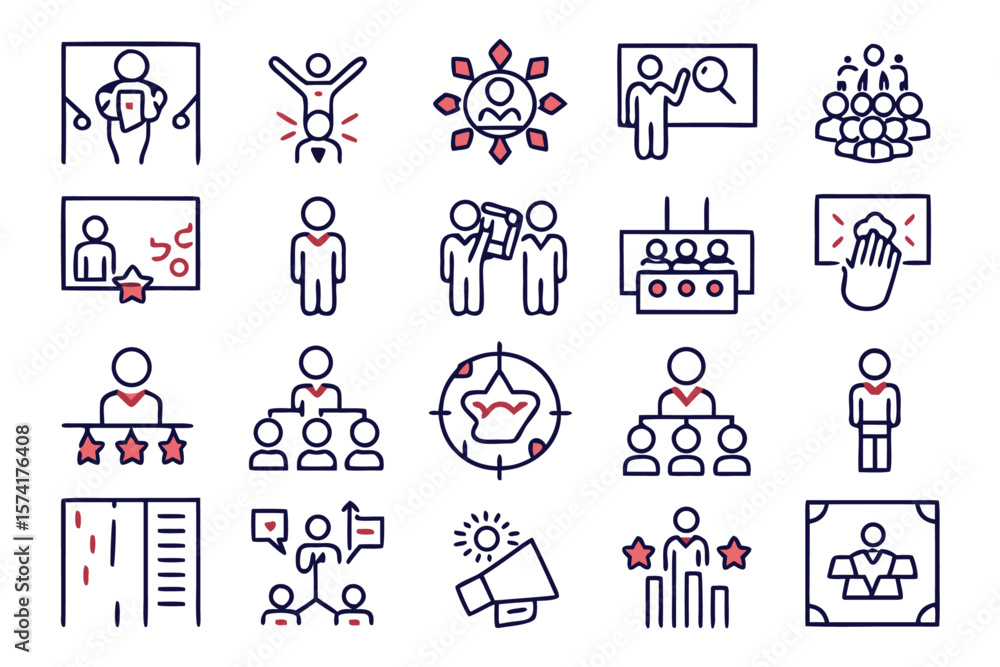 Poster comprehensive collection of modern business and workshop themed line art symbols for digital and pri
