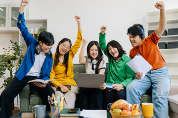 Lifestyle people. happy people of college students excited overjoyed examination results with good news over smartphone or Laptop computer.