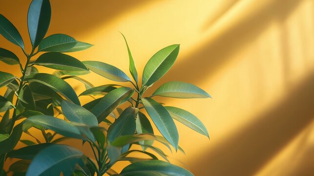 Fototapeta Green plant with sunlight, against a yellow wall backdrop. Perfect for themes related to nature or home decor.