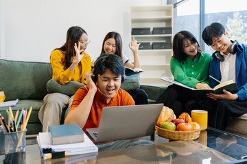 Lifestyle people. happy people of college students excited overjoyed examination results with good...